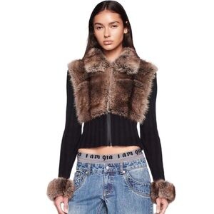 Faux Fur Trim Black Cardigan